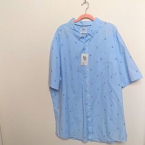 Croft and Barrow Blue Embroidered Lighthouse Short Sleeve Button Down Shirt